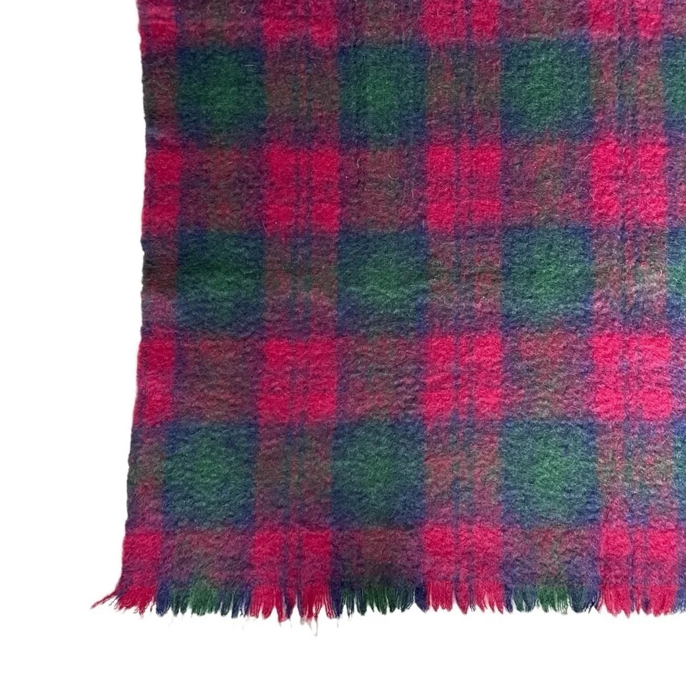 CUSHENDALE Ireland Vintage Mohair Wool Plaid Throw Blanket Burgundy Blue Green